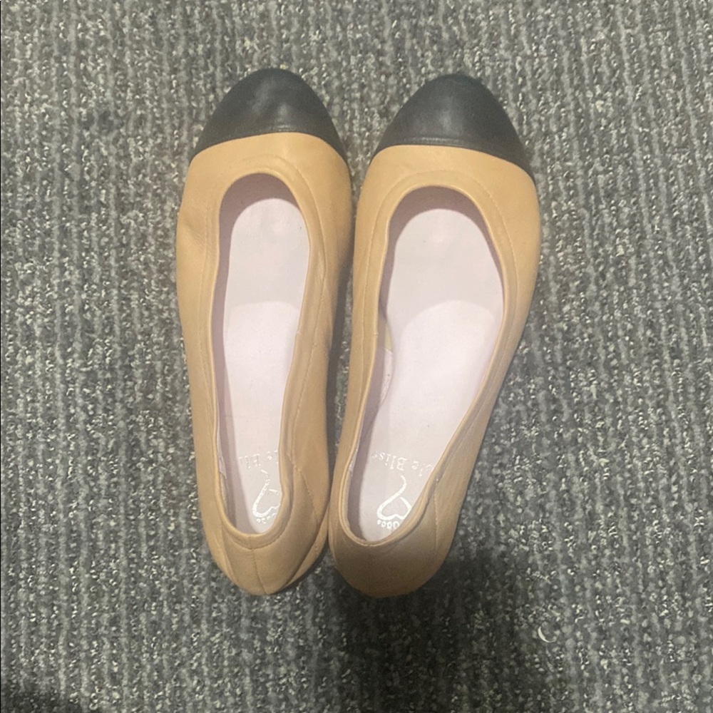 Beige and Black Cap-Toe Ballet Flats